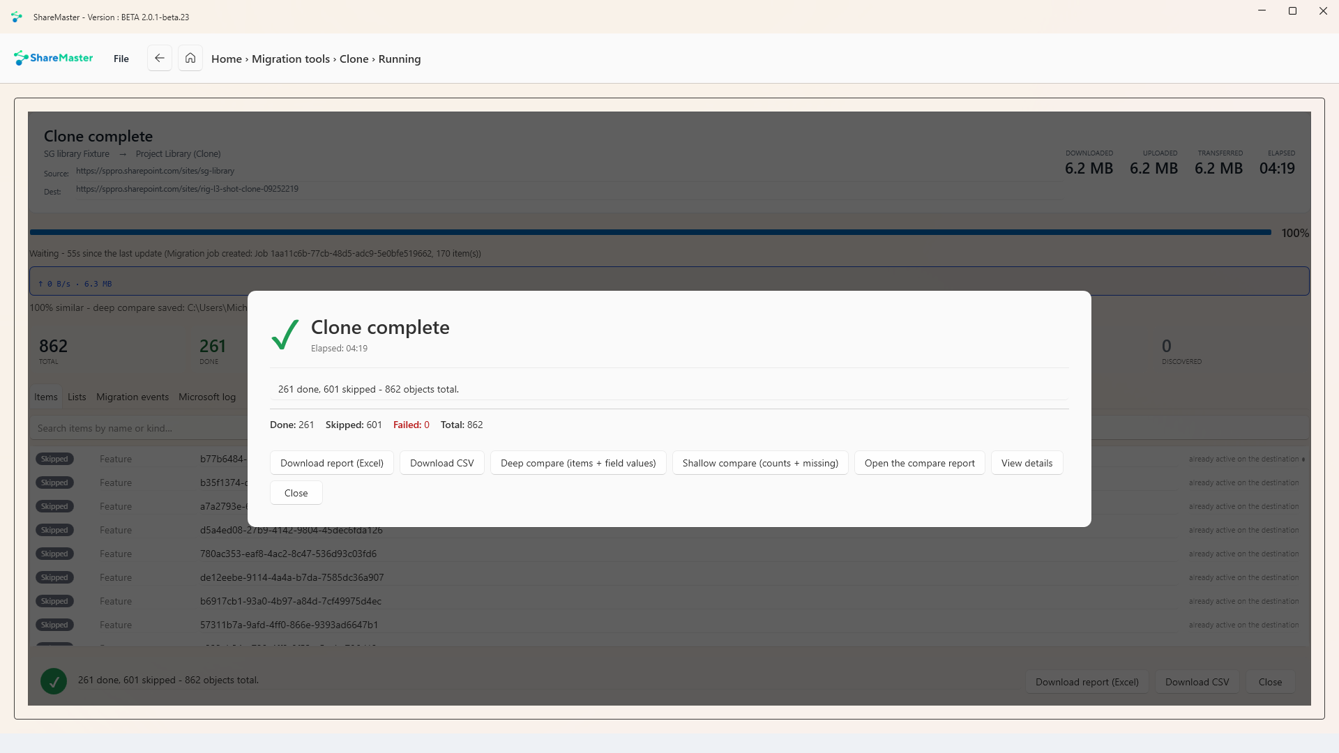 ShareMaster V2 clone complete dialog offering deep and shallow compare
