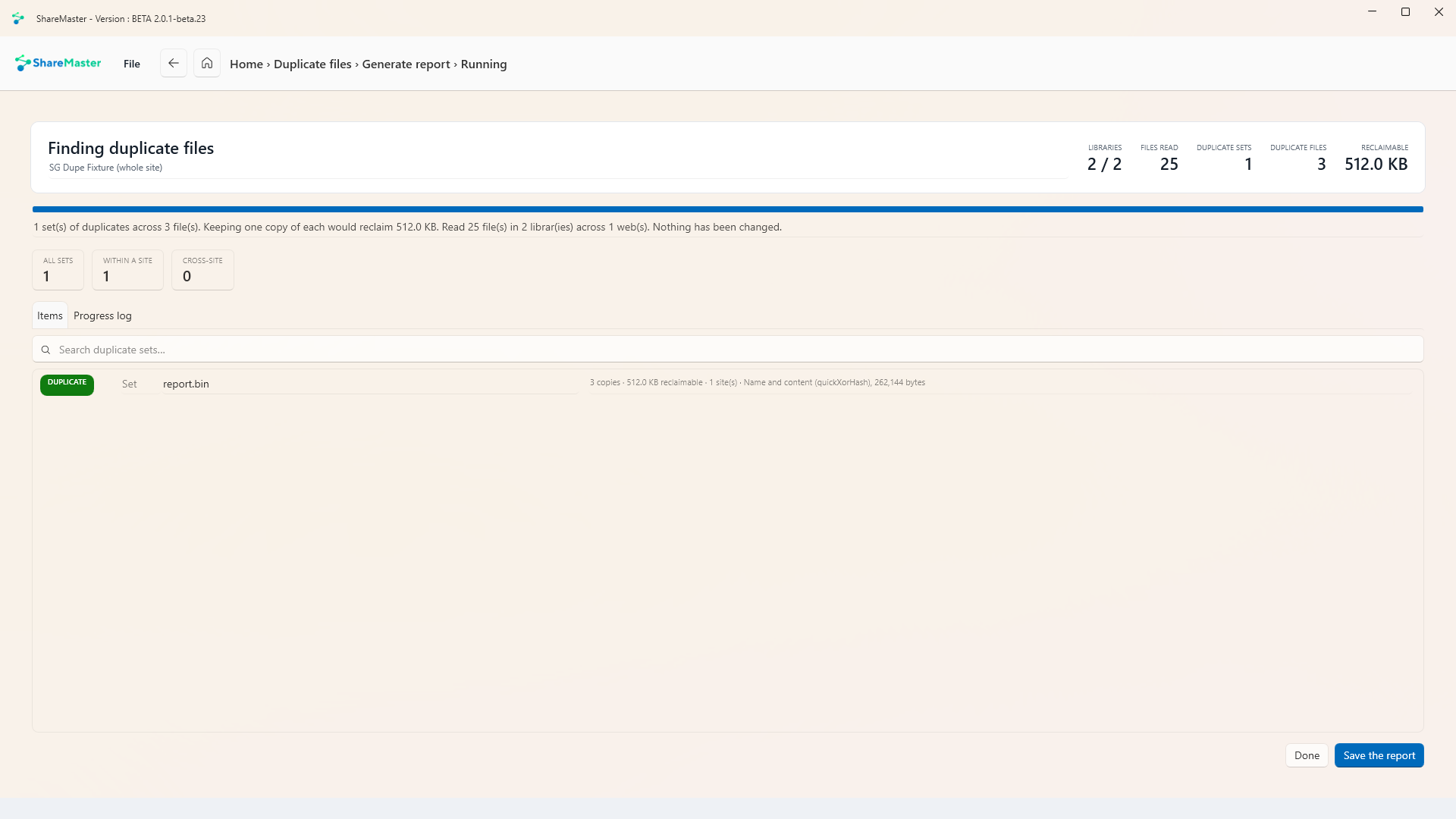 ShareMaster V2 duplicate files report showing reclaimable space