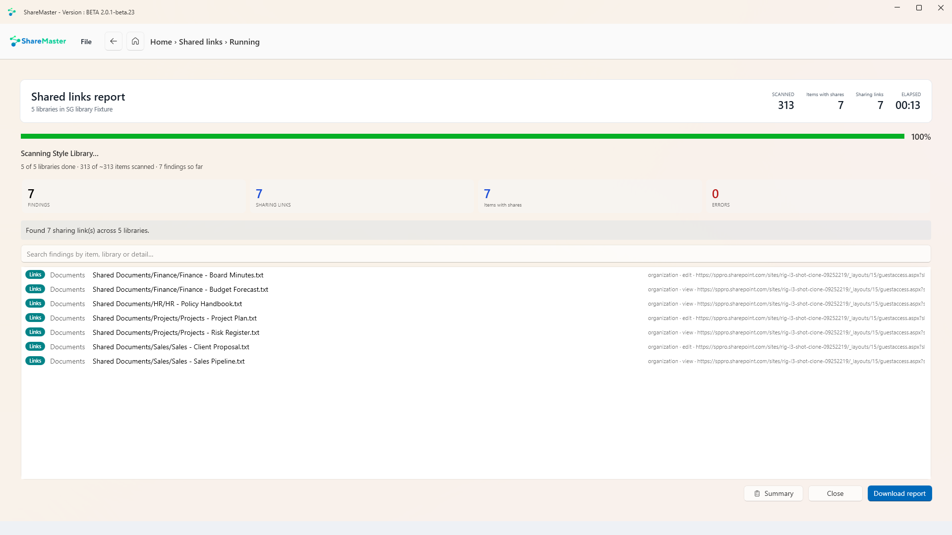 ShareMaster V2 shared links report listing links open to edit or view